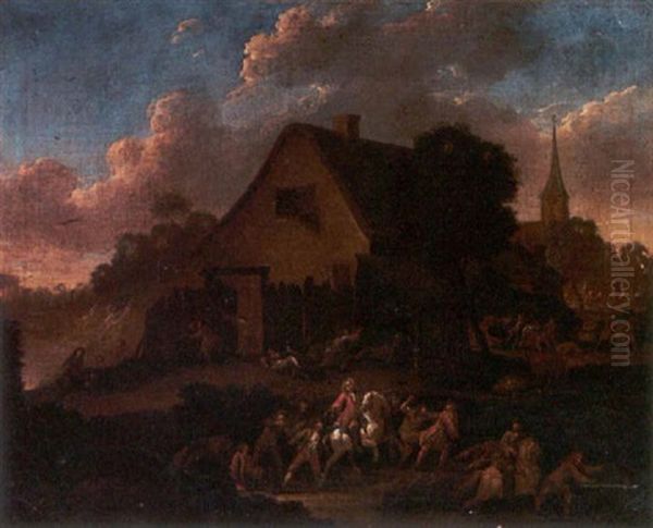 A Skirmish Outside A Village Oil Painting by Karel Breydel