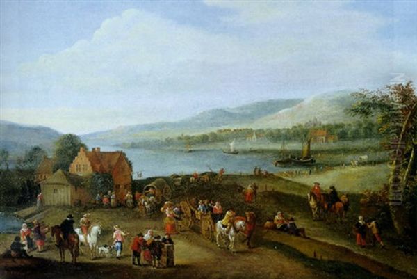 A River Landscape With Numerous Figures Near An Inn Oil Painting by Karel Breydel