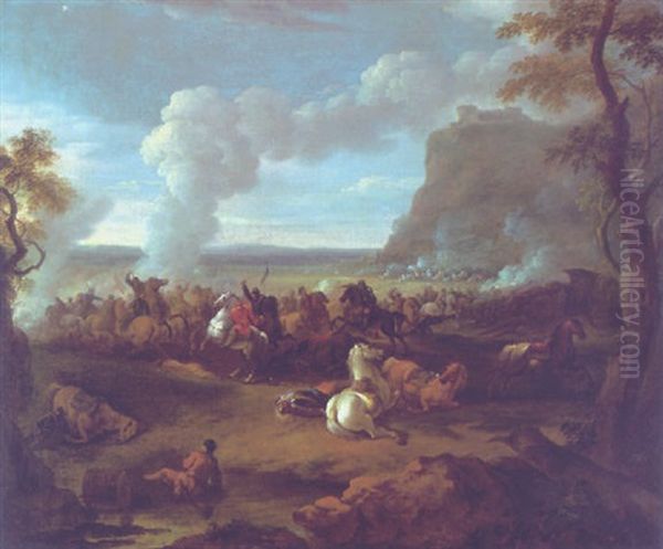 A Cavalry Skirmish With A Fortress On A Hilltop Beyond Oil Painting by Karel Breydel