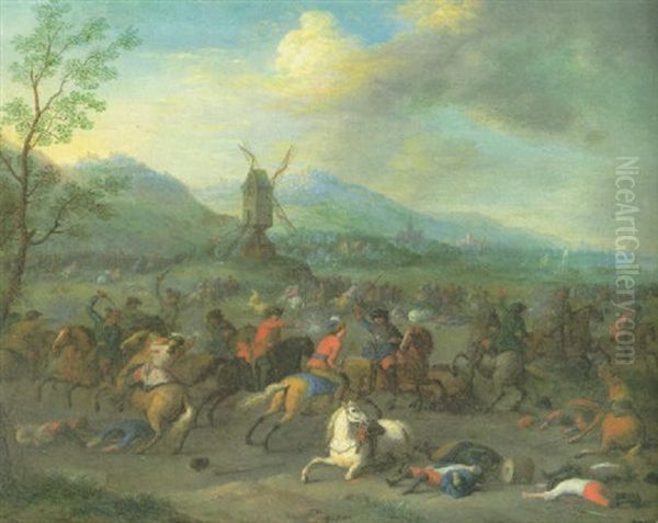 Schlachtszene - Im Vordergrund Die Gefallenen Und Ein Gesturzter Schimmel, Dahinter Reitergefechte Oil Painting by Karel Breydel