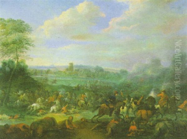 Reitergefecht In Einer Bewaldeten Landschaft Oil Painting by Karel Breydel