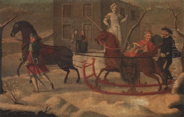 An Elegant Couple In A Horse-drawn Sleigh Outside A Mansion Oil Painting by Karel Breydel