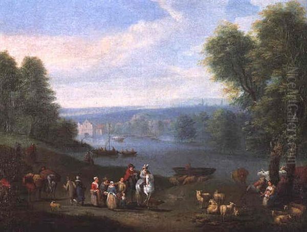 A River Landscape With Figures On A Path Oil Painting by Karel Breydel