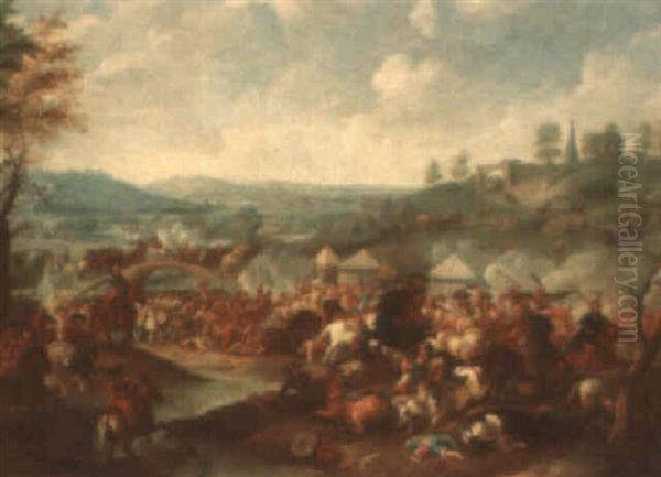 Soldiers Attacking A Military Encampment Oil Painting by Karel Breydel