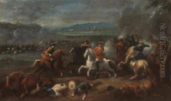 A Cavalry Engagement Oil Painting by Karel Breydel