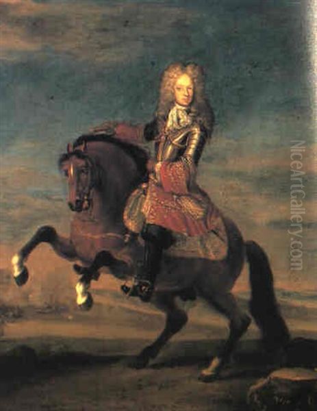 An Equestrian Portrait Of A Nobleman Commander, In Armour   With A Lace Jabot, With The Order Of The Golden Fleece Oil Painting by Karel Breydel