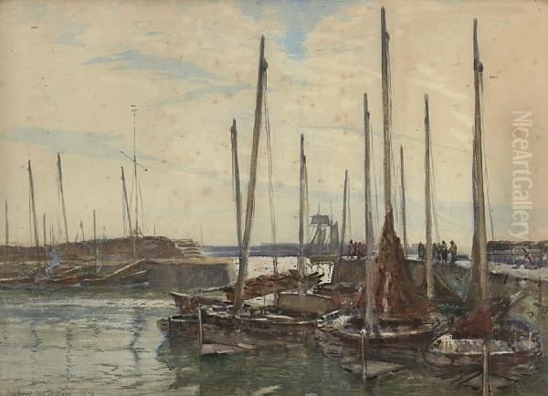 Fishing Boats In A Harbour. Oil Painting by Robert Weir Allan