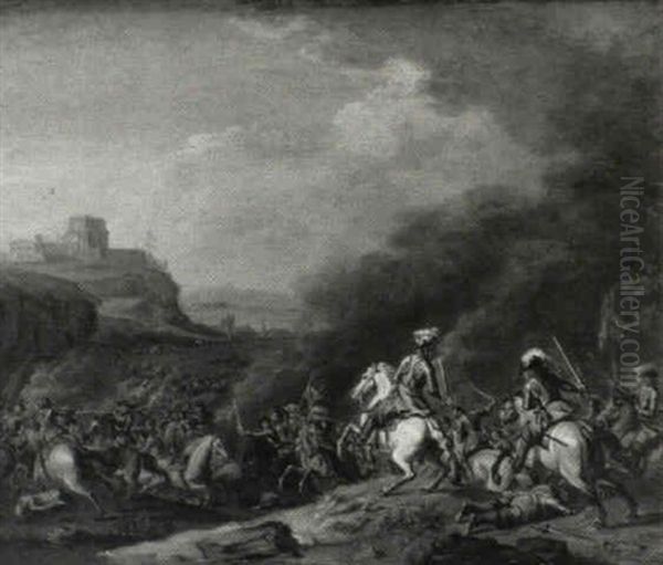 Battle Scene Before A Castle Oil Painting by Karel Breydel