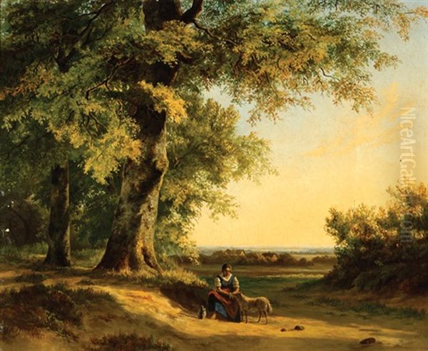 A Shepherdess With A Little Sheep Oil Painting by Jan Hendrik Breyer