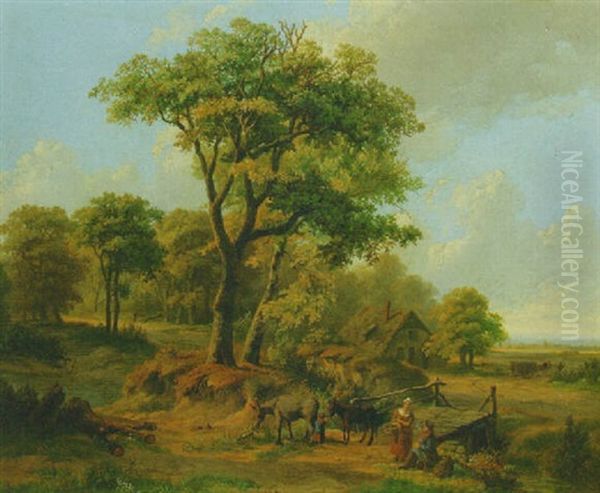 A Wooded Summer Landscape With Figures And Mules Near A Wooden Bridge Oil Painting by Jan Hendrik Breyer