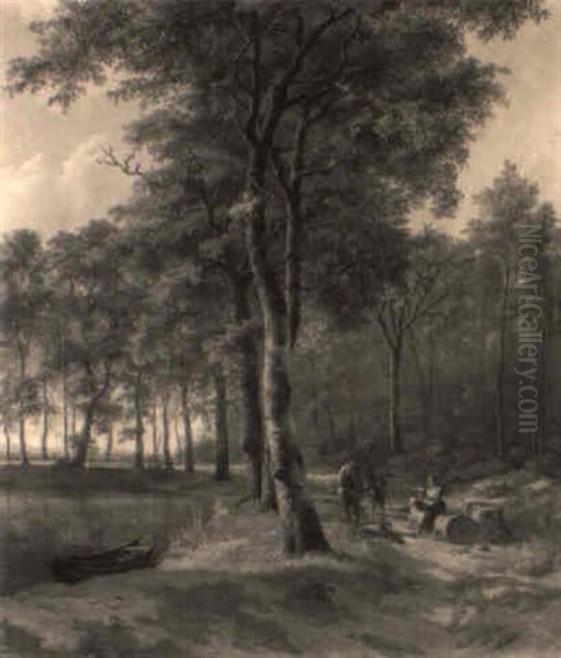 Travellers In A Forest Asking For Directions Oil Painting by Jan Hendrik Breyer