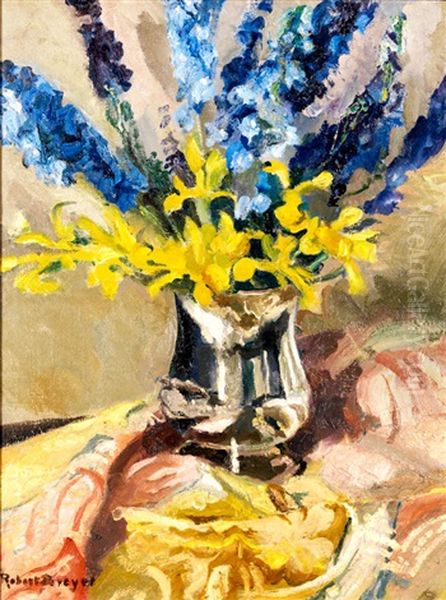 Stillleben Mit Gelber Iris Und Rittersporn In Einer Silbervase Oil Painting by Robert Breyer