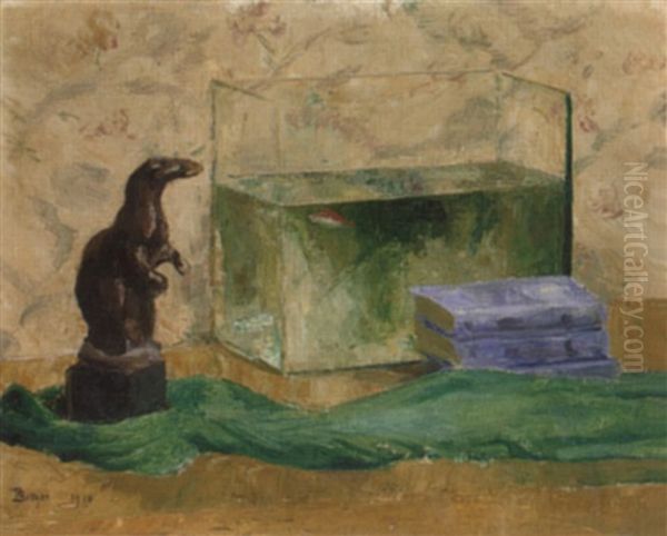 Stillleben Mit Otterskulptur Und Aquarium Oil Painting by Robert Breyer