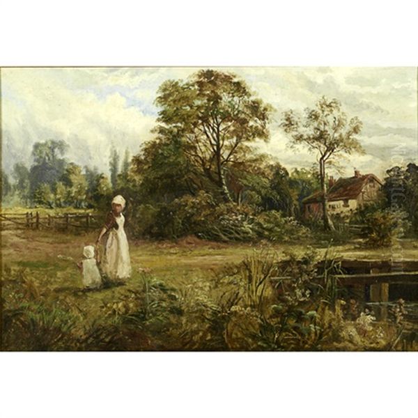 A Woman Child In A Landscape Oil Painting by John Winstanley Breyfogle