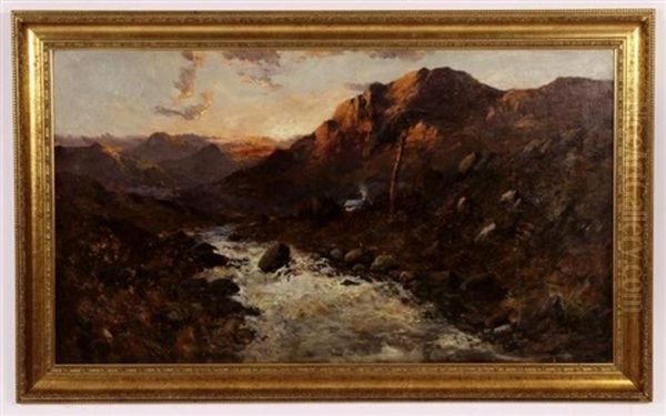 Mountain Landscape W/ Creek At Sunset Oil Painting by Alfred de Briansky SR