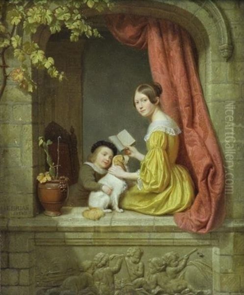 Woman With Boy And Dog In Window Oil Painting by Charles Brias