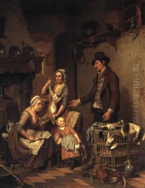 Family Portrait In A Kitchen Oil Painting by Charles Brias