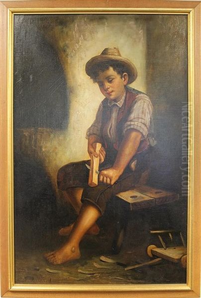 Young Boy Carving Wood Oil Painting by Francois Xavier Bricard