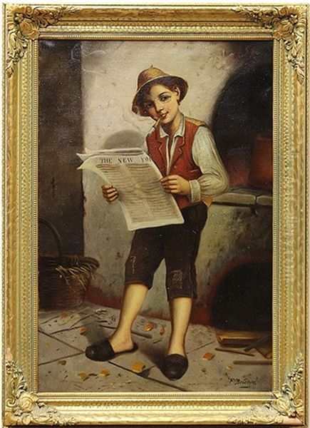 Boy Reading The News Oil Painting by Francois Xavier Bricard