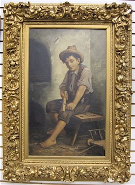 Young Boy Seated, Whittling Wood Oil Painting by Francois Xavier Bricard