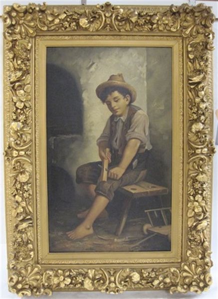 Young Boy Seated, Whittling Wood Oil Painting by Francois Xavier Bricard