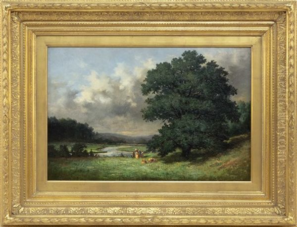 Landscape With Numerous Figures And A Winding River Oil Painting by Alfred Thompson Bricher