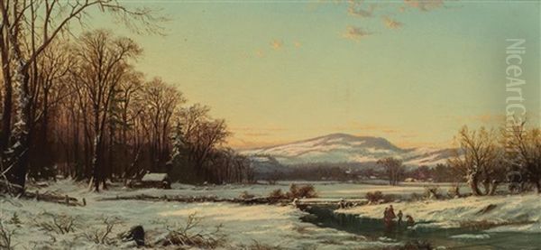 Figures By A Valley Stream, A Winter Scene,