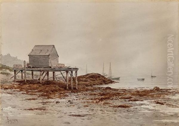 Log And Fish House, Maine Oil Painting by Alfred Thompson Bricher