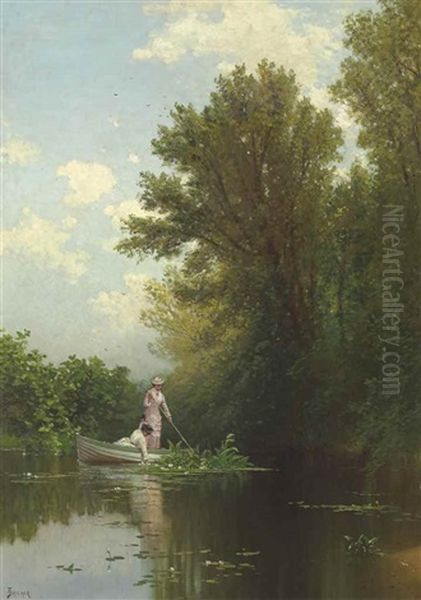 Gathering Water Lilies At Curzon's Mills, Newburyport, Massachusetts Oil Painting by Alfred Thompson Bricher