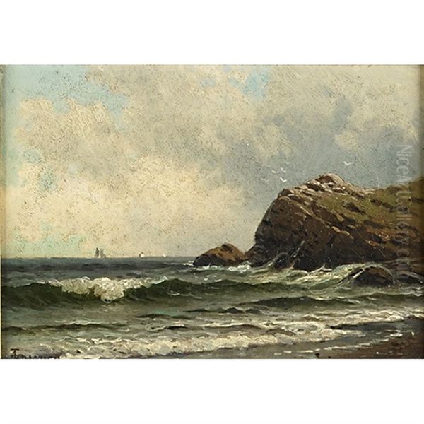 A Rocky Shoreline With Distant Sailboats Oil Painting by Alfred Thompson Bricher