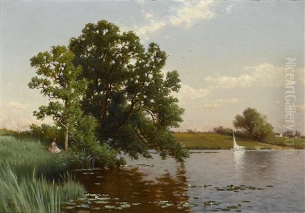 Young Woman By A Lake Oil Painting by Alfred Thompson Bricher