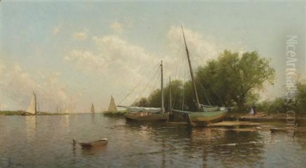 Oyster Boats On The Creek, Patchogue, Long Island Oil Painting by Alfred Thompson Bricher