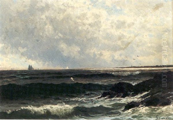 Waves Crashing On The Rocks With Boats In The Distance Oil Painting by Alfred Thompson Bricher