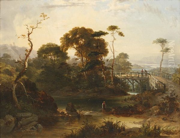 River Landscape With A Wooden Bridge Oil Painting by Frederick Lee Bridell