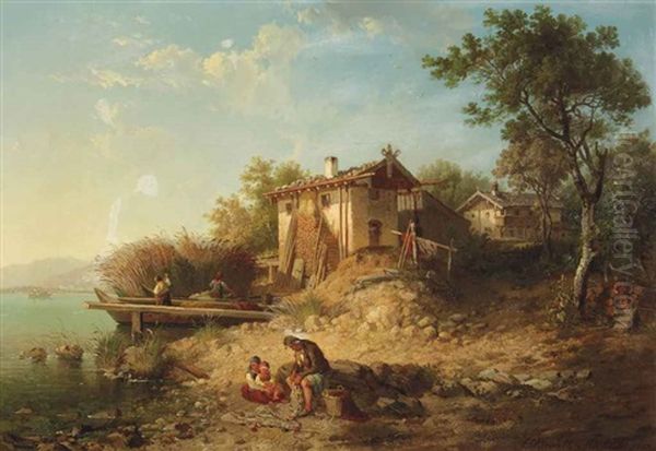 A River Landscape With A Fishing Village Near A Lake by Frederick Lee Bridell