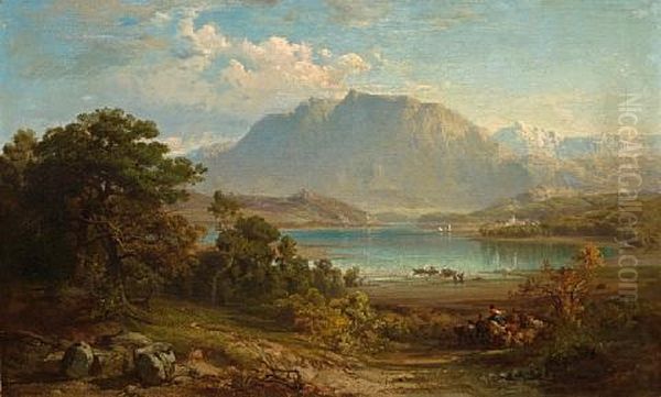 A View Of Konigsee Near Munich Oil Painting by Frederick Lee Bridell