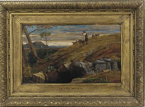 A Shepherd Watching His Flock In An Italianate Landscape Oil Painting by Frederick Lee Bridell