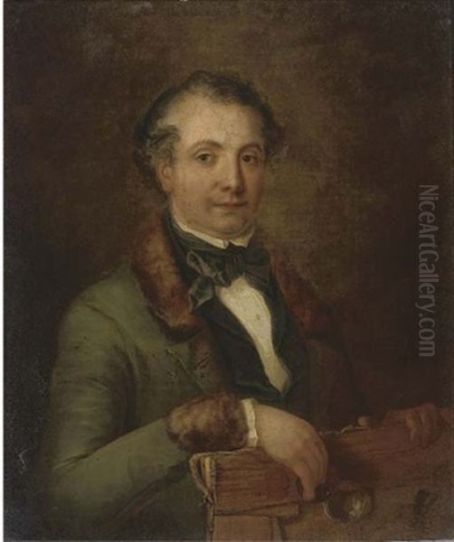 Portrait Of A Gentleman (a Member Of The Holden Family?) Holding An Unframed Canvas And Quizzing Glass Oil Painting by Frederick Lee Bridell