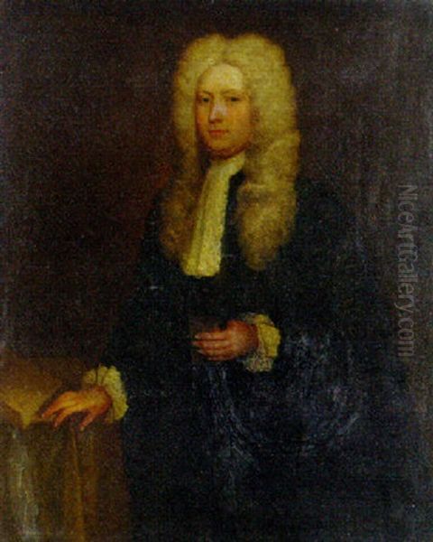 Portrait Of A Gentleman In Black Dress, A Wig And Lace Collar And Cuffs, Holding A Book Beside A Table Oil Painting by Charles Bridges