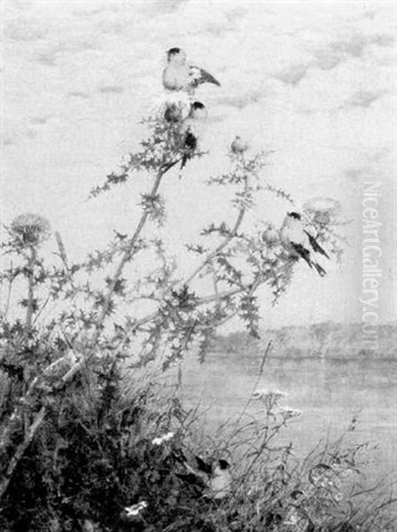 Goldfinchs And Thistle Oil Painting by Fidelia Bridges