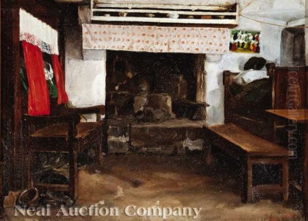 Interior By The Fire Place Oil Painting by Charles J. Bridgman