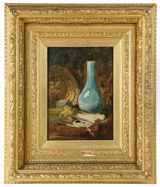 Still Life With Celadon Vase And Brass Charger Oil Painting by Frederick Arthur Bridgman