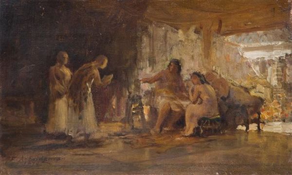 Study Of A Group In An Interior Oil Painting by Frederick Arthur Bridgman