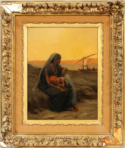 Orientalist Scene Of A Woman And Child Sitting Oil Painting by Frederick Arthur Bridgman