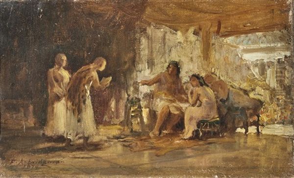 Study Of A Group In An Interior Oil Painting by Frederick Arthur Bridgman