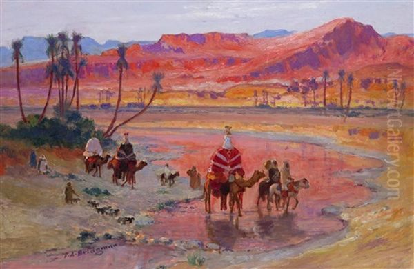 Orientalist Scene With A Caravan Crossing A River At Sunset Oil Painting by Frederick Arthur Bridgman