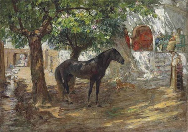 An Arabian Horse In A Sunlit Street Oil Painting by Frederick Arthur Bridgman