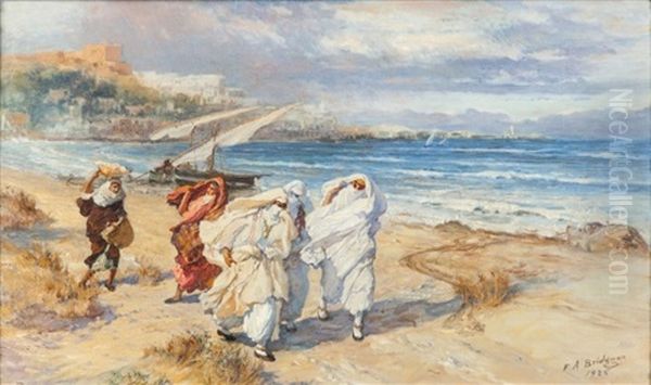 Femme En Bord De Cote, Ville A L'horizon Oil Painting by Frederick Arthur Bridgman