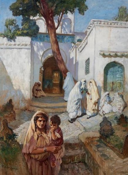 Femmes Aux Abords De La Mosquee Sidi Abderrahman Oil Painting by Frederick Arthur Bridgman