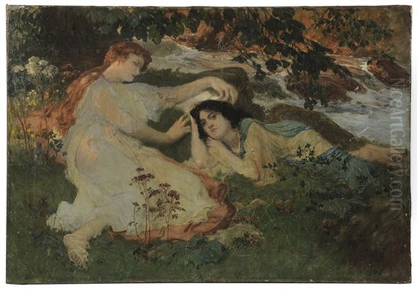 Two Women Resting By A River Oil Painting by Frederick Arthur Bridgman